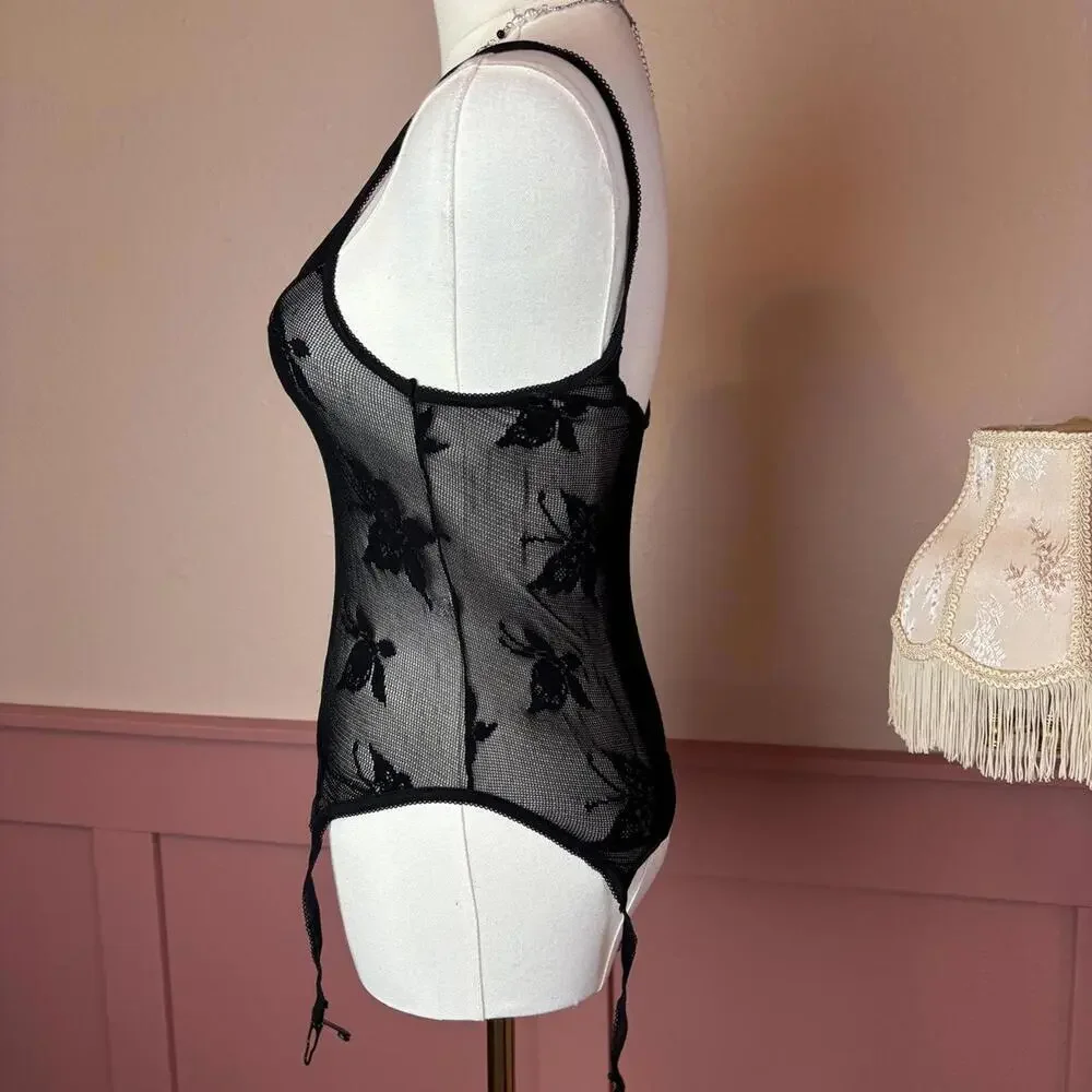 goth fairy floral mesh lingerie suspenders black romantic